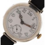 Longines, gentlemen's silver military interest trench wristwatch with enamelled dial on a black