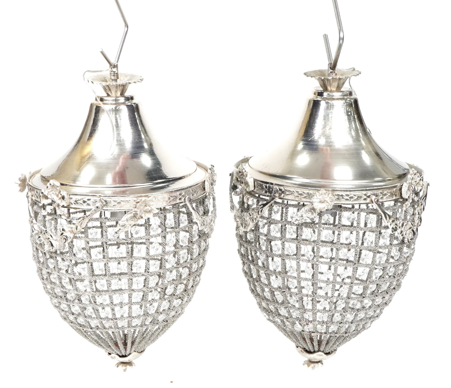 Pair of ornate silvered acorn design chandeliers decorated with swags and bows, 52cm high : For - Image 2 of 2