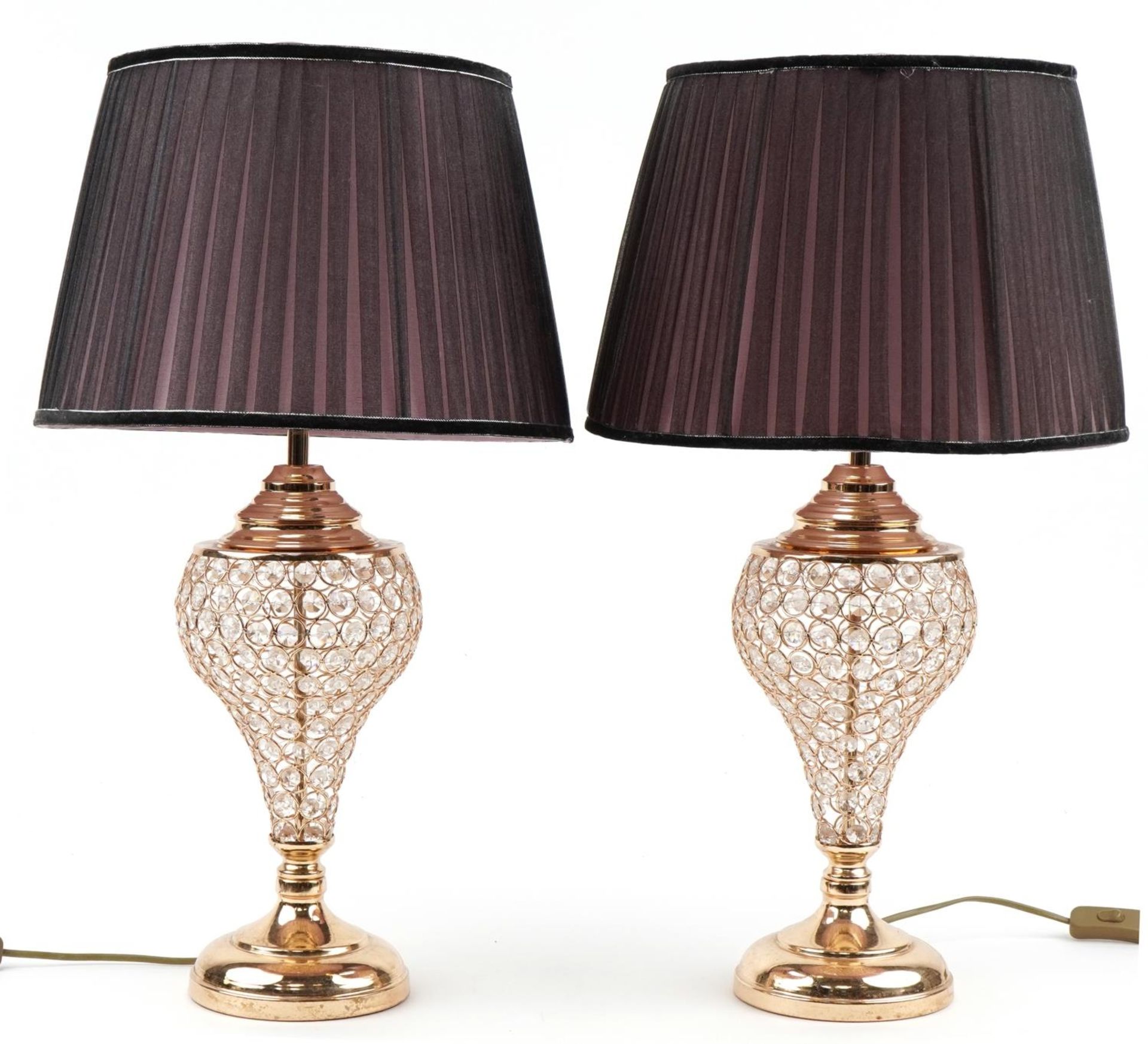 Pair of contemporary coppered table lamps with beads and silk lined shades, 48cm high including