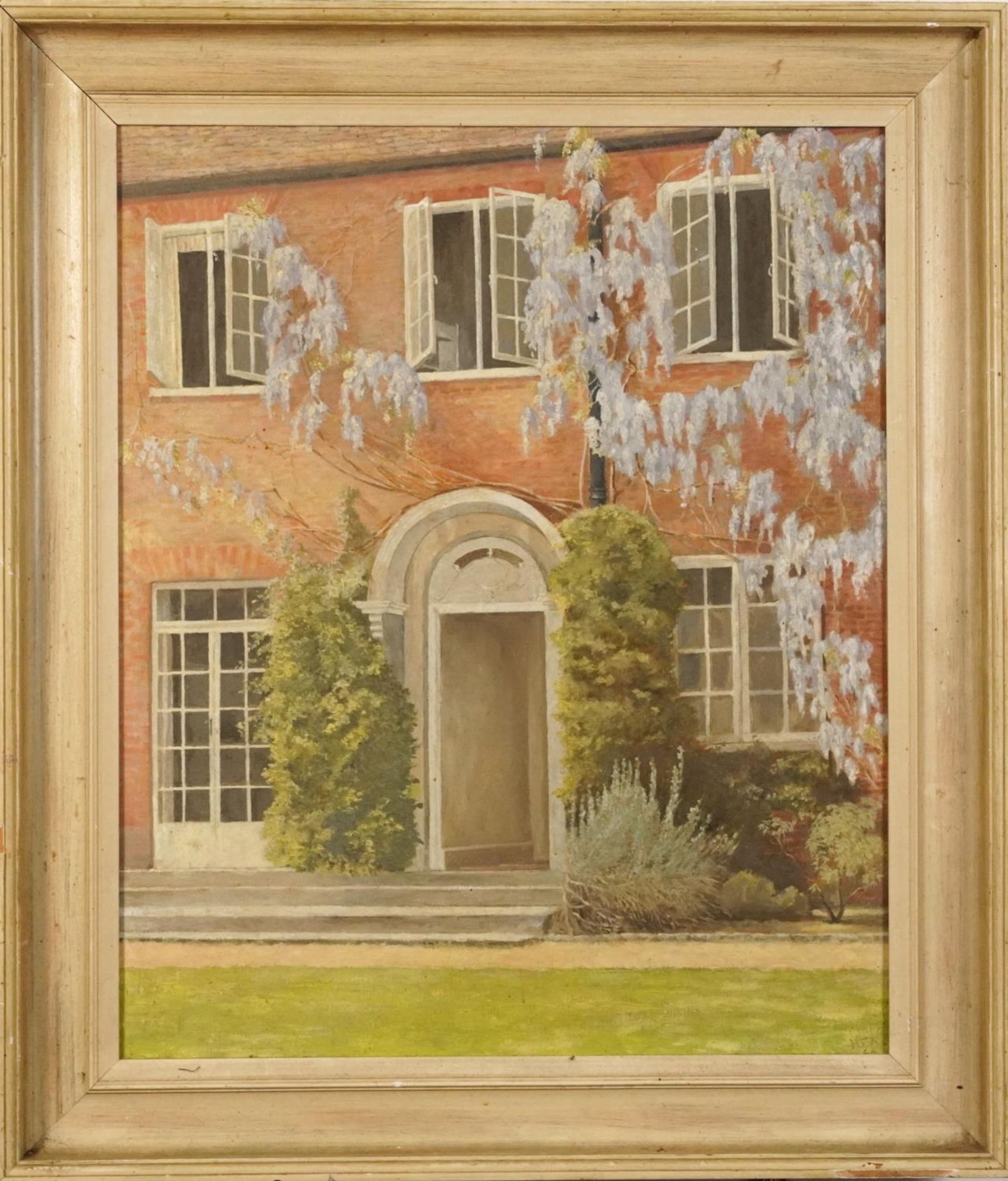 Red brick house with wisteria, Modern British oil on canvas, indistinctly monogrammed, possibly H - Image 2 of 4