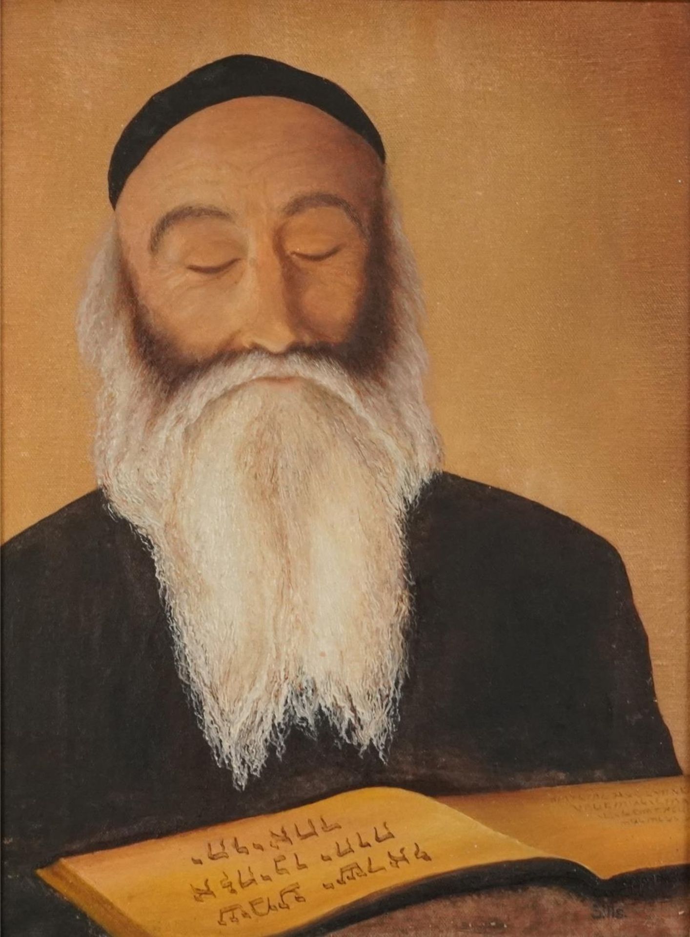 Sills - Portrait of a Rabbi with Siddur, Jewish oil on canvas, inscribed Here Oh Israel, The Lord is