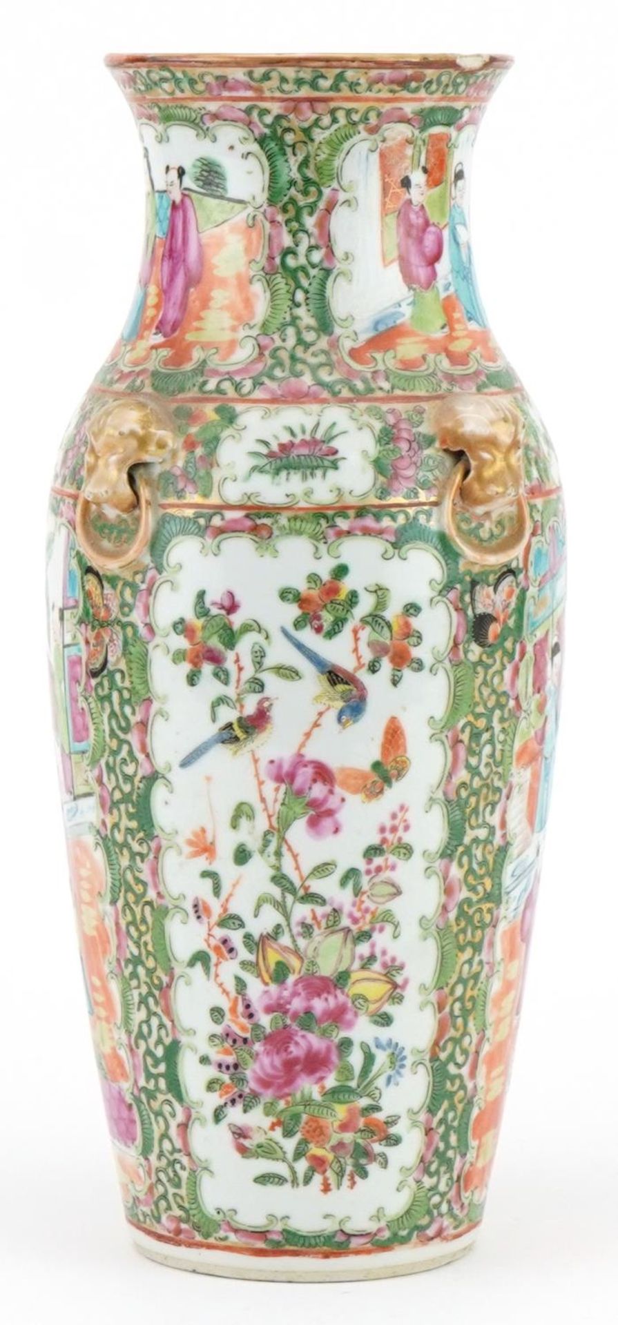 Chinese Canton porcelain vase with animalia ring turned handles hand painted with figures, birds and - Image 4 of 6