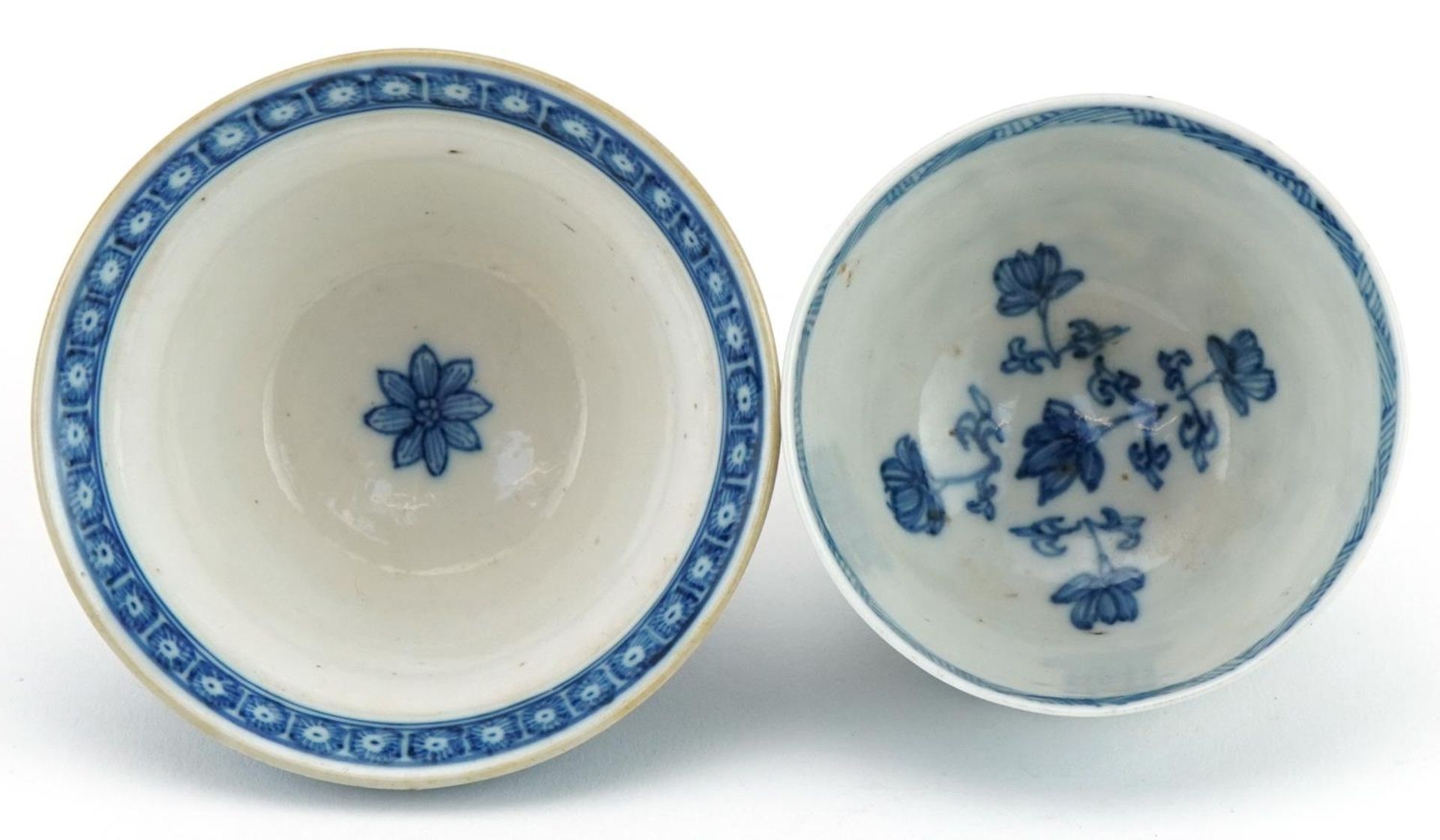 Two Chinese blue and white porcelain bowls, each finely hand painted with flowers, one with Kangxi - Image 5 of 6