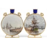 Large pair of Victorian pottery moon flasks with twin handles hand painted with frigates, signed A