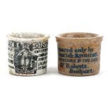 Two Victorian ointment pots comprising Holloway's Ointment and Beach & Barnicott, the largest 4cm