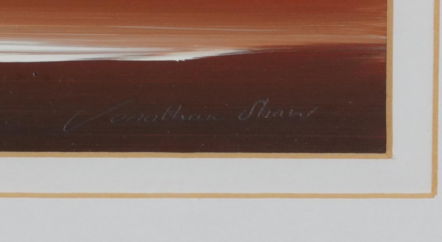 Jonathan Shaw - Sunset, oil, De Montfort label verso, mounted, framed and glazed, 29cm x 29cm - Image 3 of 5