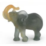 Daum, large French frosted yellow and green glass elephant, etched Daum France, 24cm in length : For