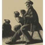 Clare Leighton - Watching the Cricket, woodcut/lithograph, various inscriptions verso including