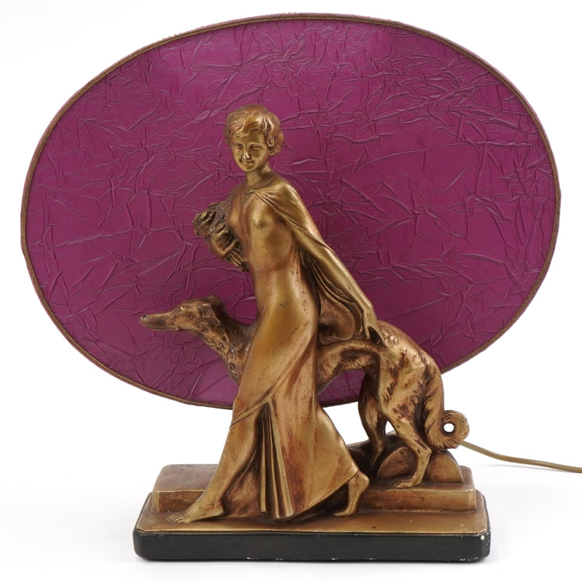Art Deco gilt plaster figural table lamp with shade in the form of a female with dog, 42cm wide : - Image 2 of 6