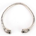 Antique North Indian or Himalayan unmarked silver Makara head bangle, 8cm wide, 57.1g : For