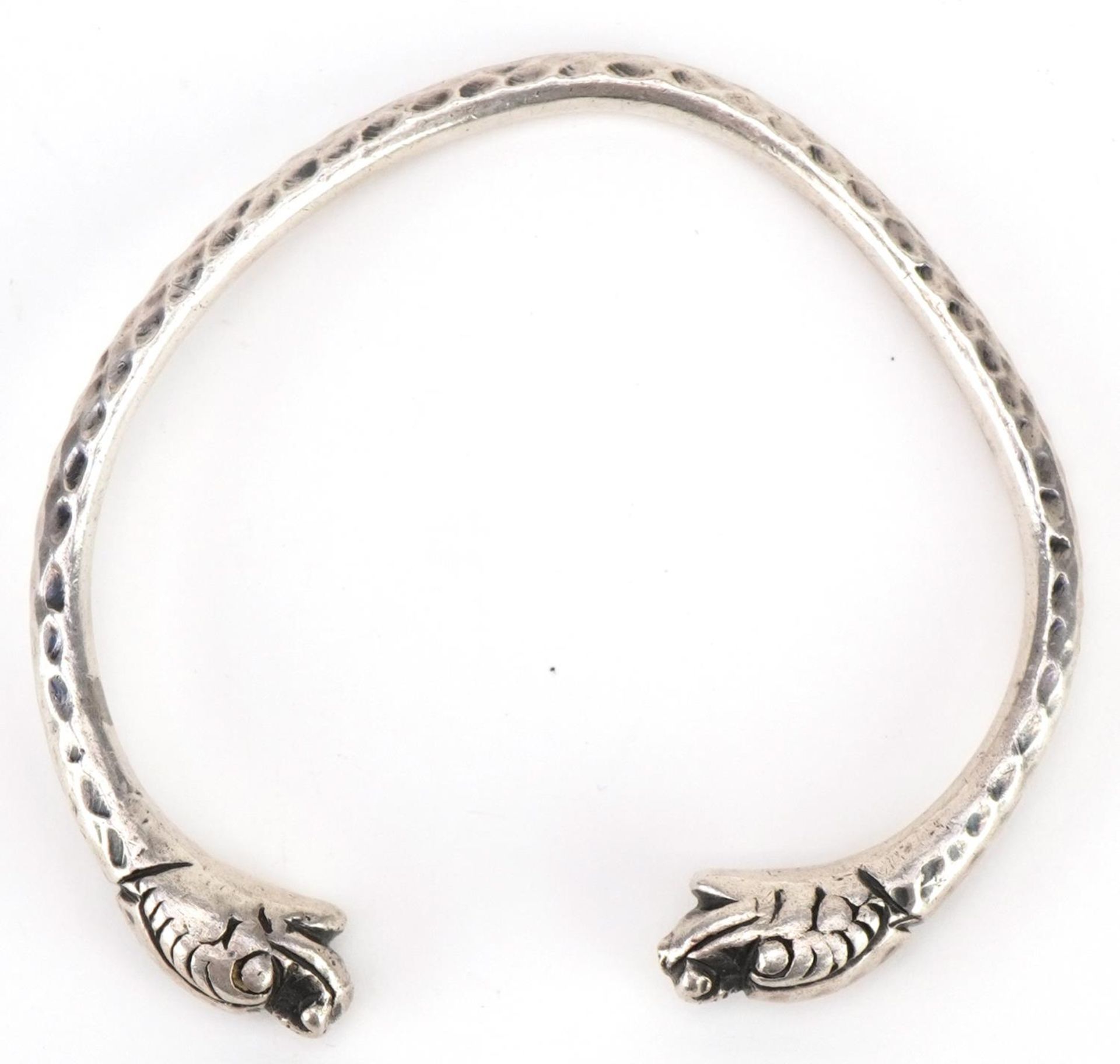 Antique North Indian or Himalayan unmarked silver Makara head bangle, 8cm wide, 57.1g : For