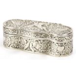 Antique German silver box with hinged lid profusely embossed with Putti and birds amongst foliage,