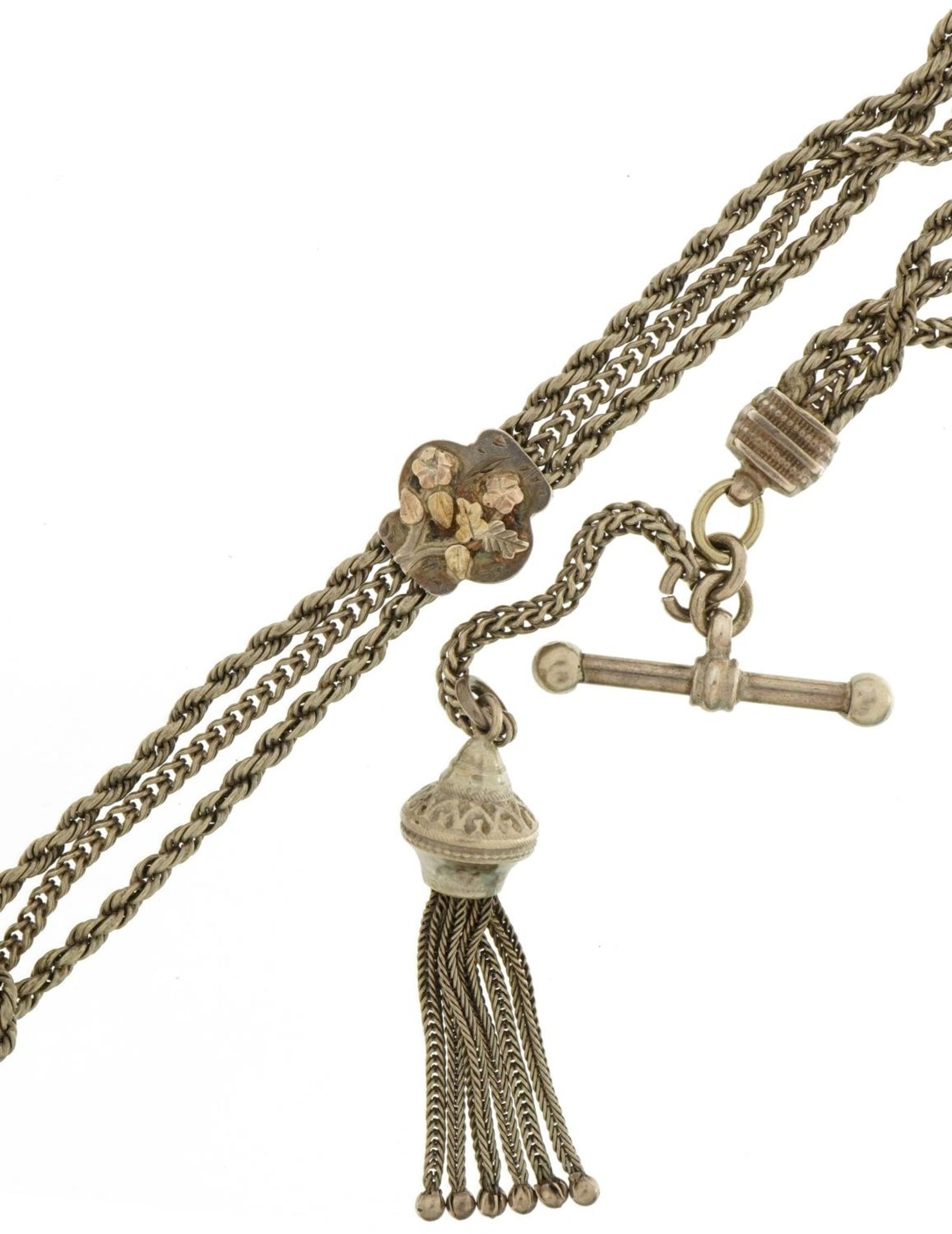 Victorian ladies unmarked silver watch chain with jewellery clasp, T bar and tassel drop, 28cm in