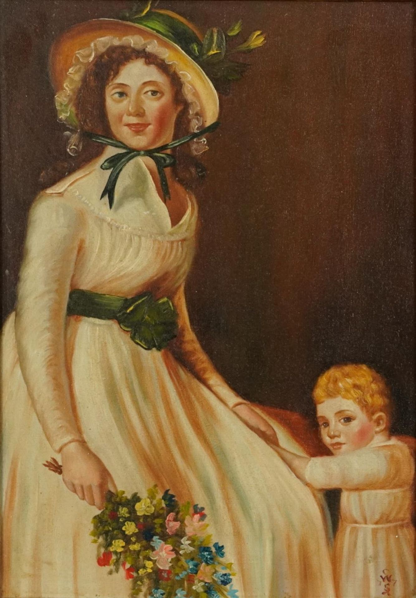 Female and child wearing early 19th century dress, oil on board, framed, 42cm x 29cm excluding the