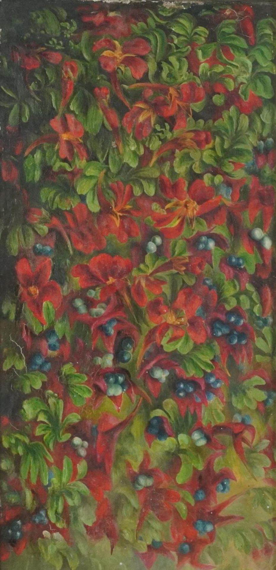 Flowers and berries, 20th century oil on canvas, Winsor & Newton stamp verso, mounted, framed and