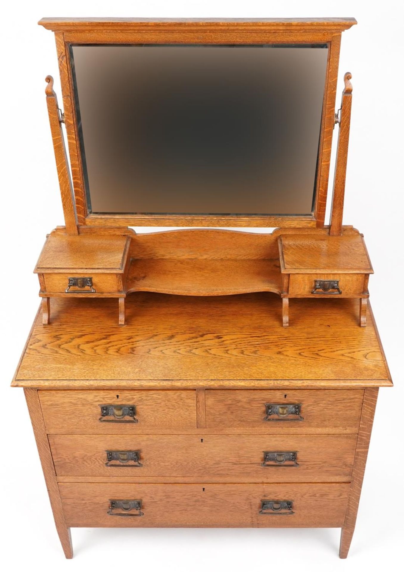 Arts & Crafts oak dressing chest with swing mirror and ornate bronzed handles, 147.5cm H x 91cm W - Image 2 of 3