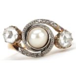 Unmarked gold cultured pearl and diamond three stone ring with diamond crossover shoulders, tests as
