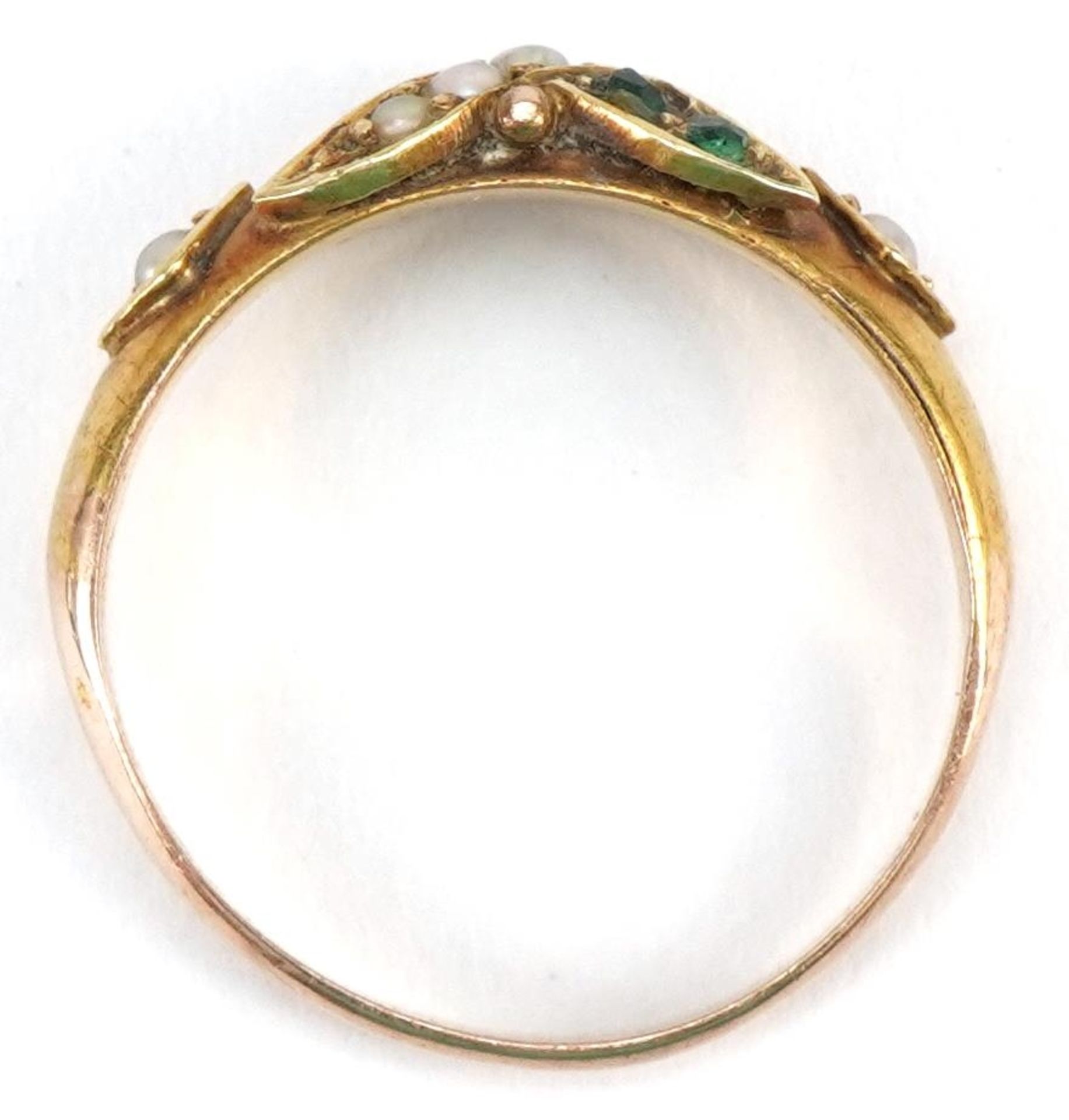 Victorian 15ct gold seed pearl and green stone crossover ring, London 1874, housed in a Harrods, - Image 3 of 5