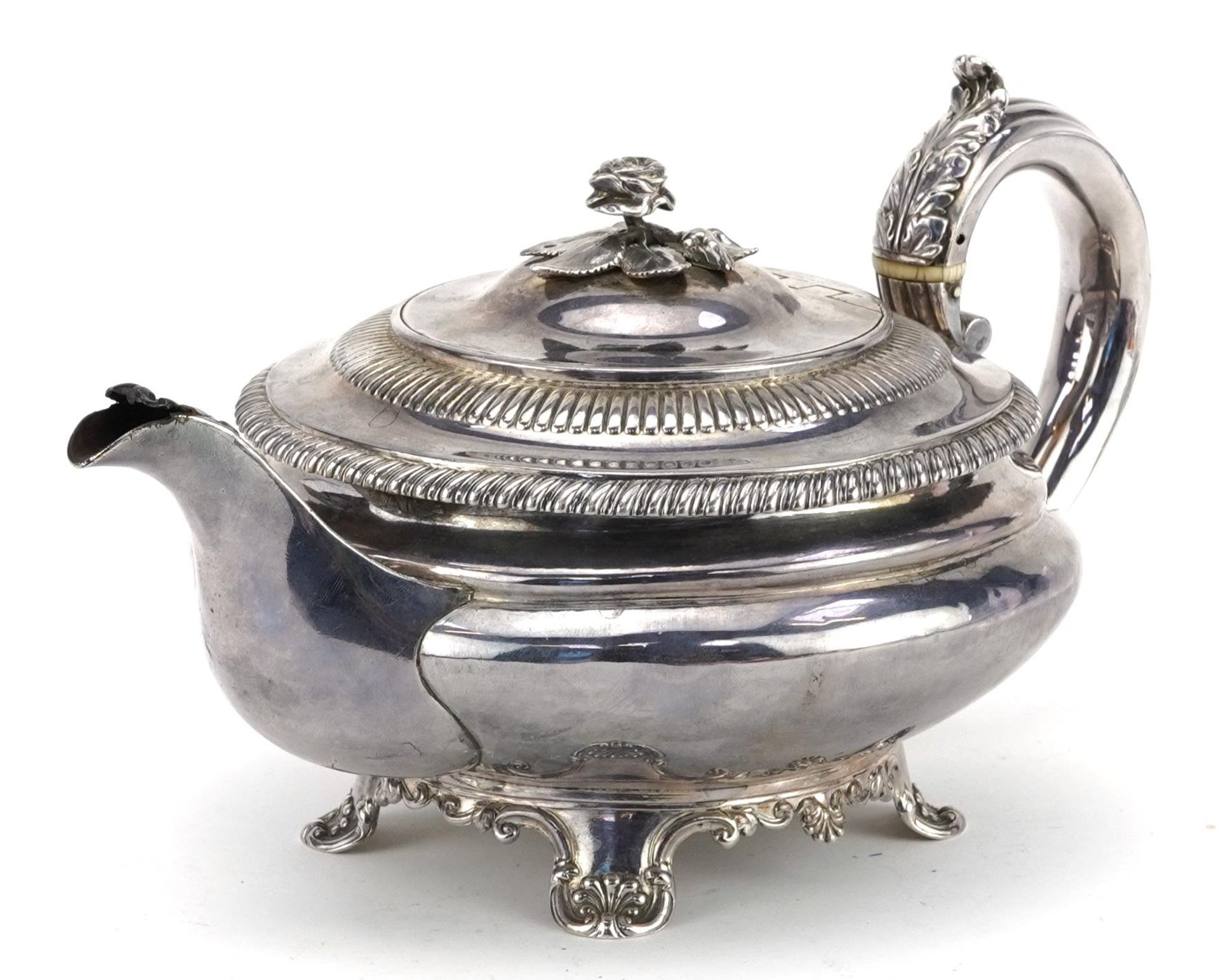 Rebecca Emes & Edward Barnard I, George IV silver teapot with rose design knop, London 1827, 27cm
