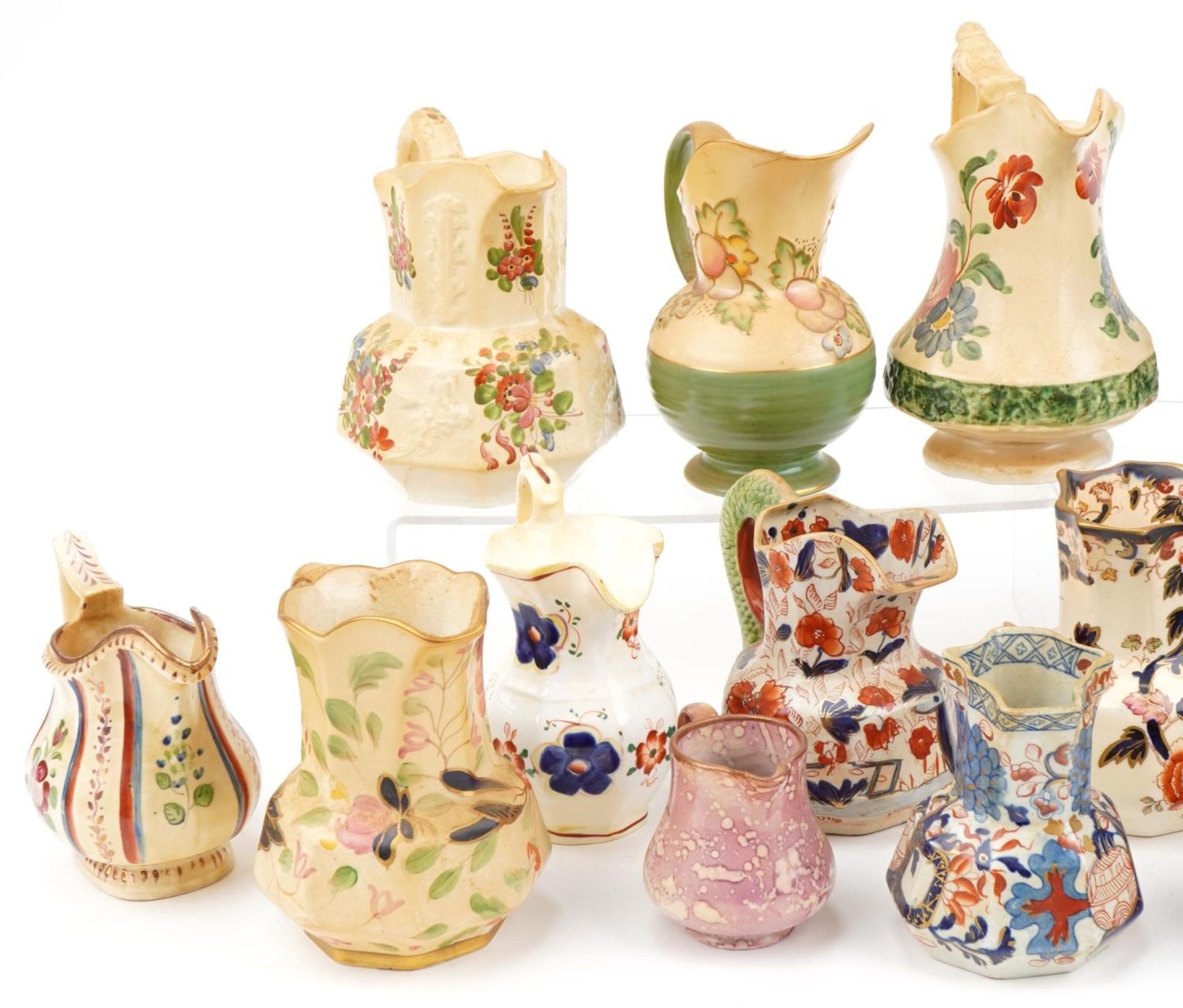 Early 19th century and later jugs including an example hand painted with flowers, cobalt blue glazed - Image 2 of 5