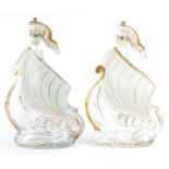 Pair of French cognac Larsen Invincible glass decanters in the form of ships, each 31cm high : For
