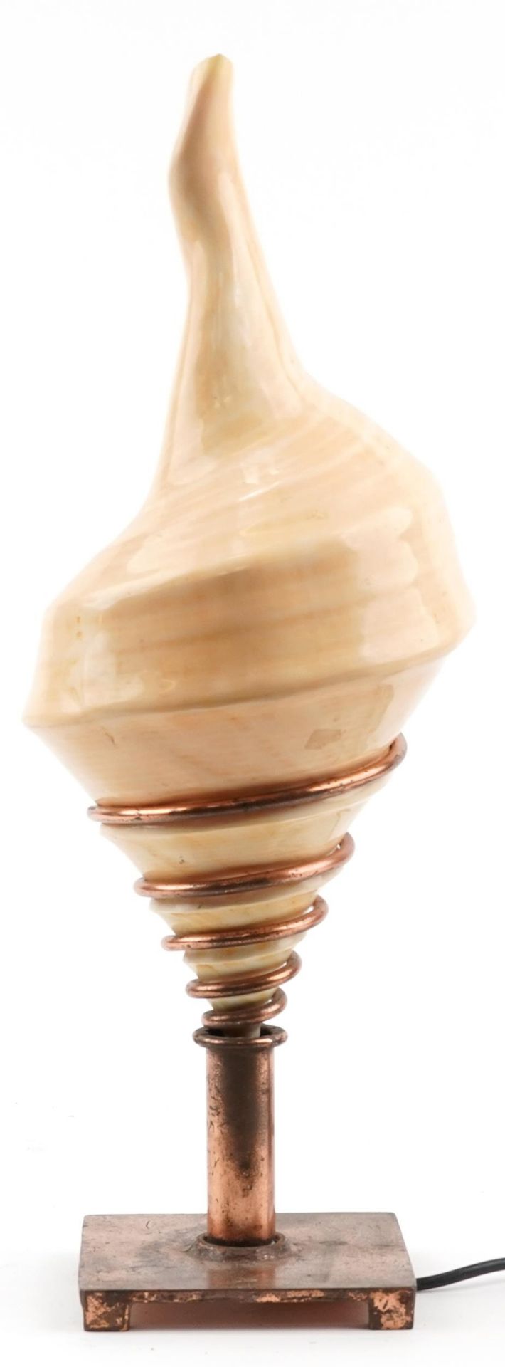 Unusually large mid century style conch shell table lamp with coppered stand, 52cm high : For