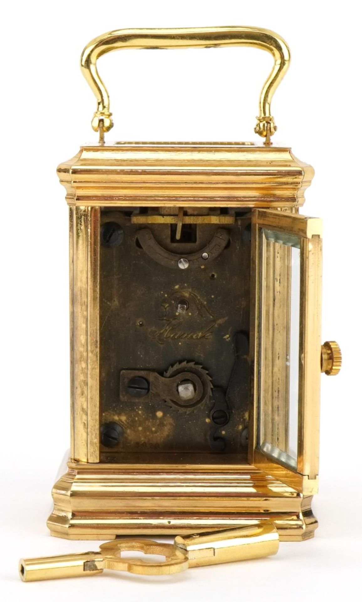Miniature brass carriage clock with enamelled dial having Roman numerals, 9.5cm high : For further - Image 3 of 4