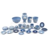 Collection of Wedgwood blue and white Jasperware including Concorde photo frame, vases, bowls,