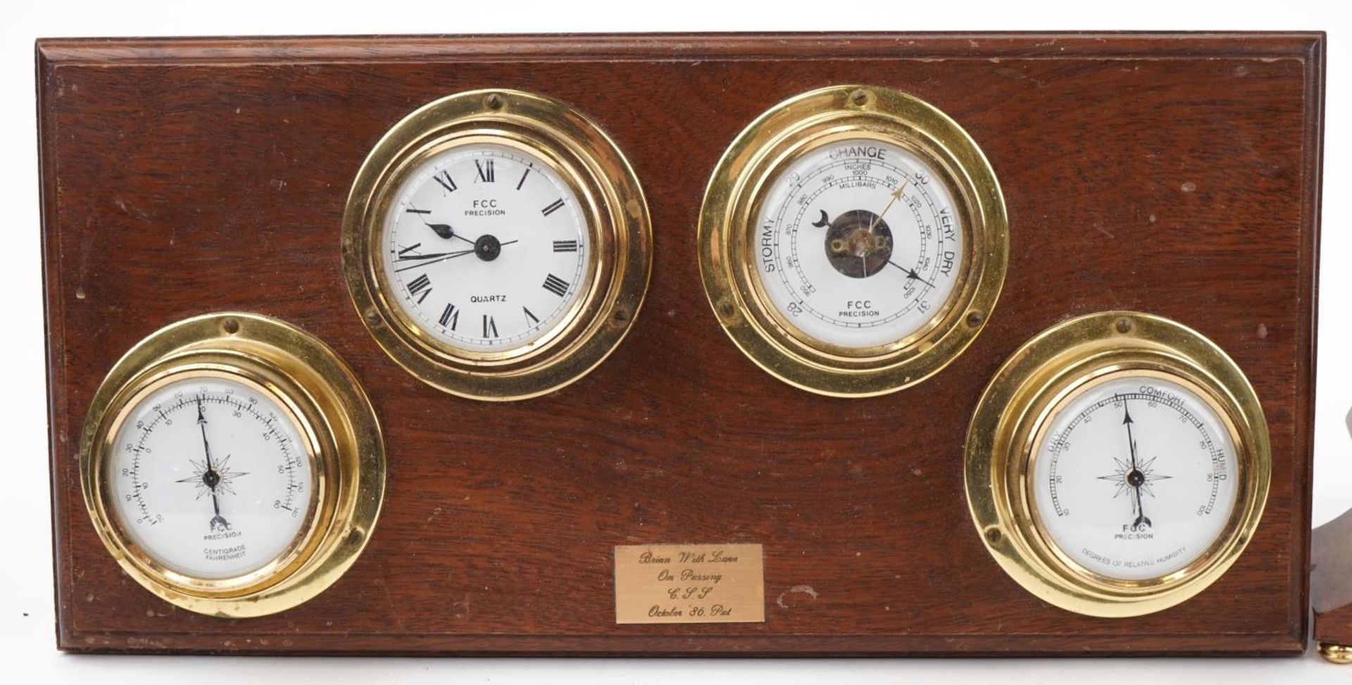 Edwardian inlaid mahogany eight day mantle clock and an oak backed weather station with clock and - Image 2 of 6