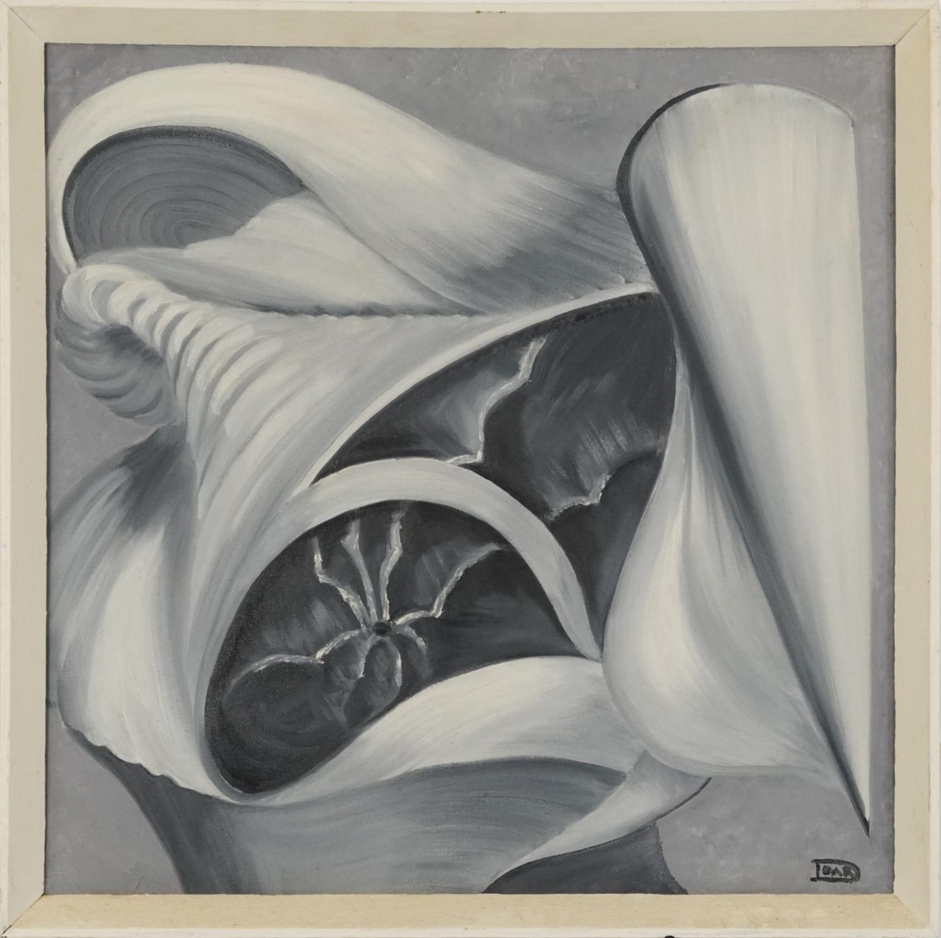Abstract compositions, shells, pair of monochrome oil on canvasses, framed, each 49cm x 49cm - Image 7 of 9