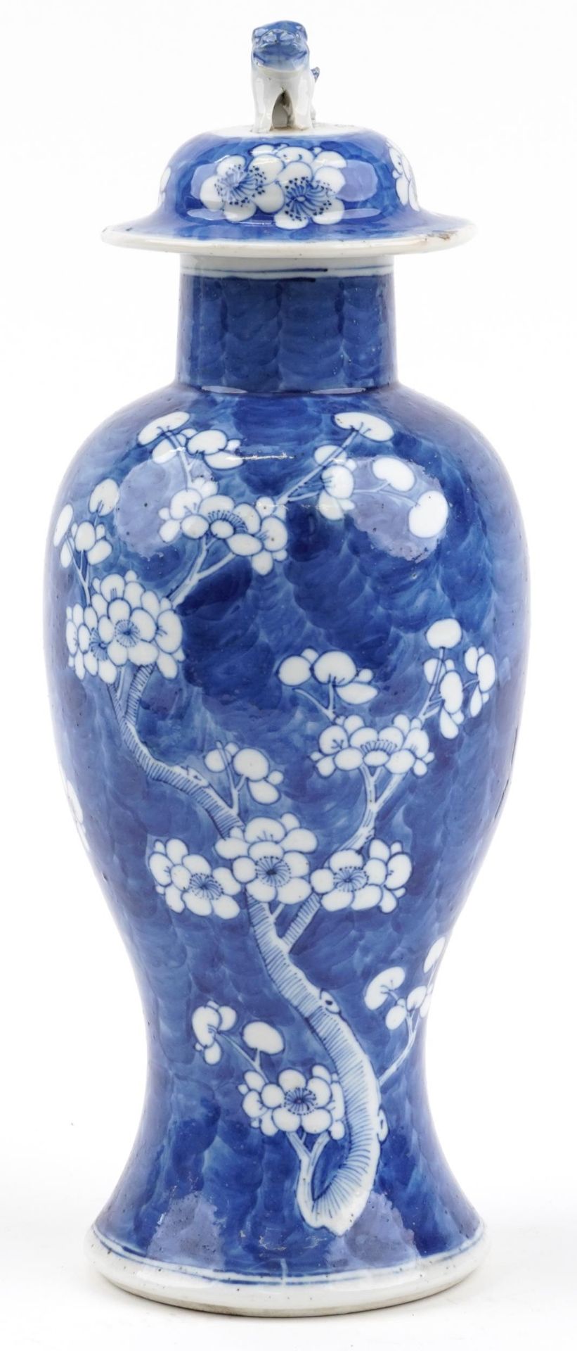 Unusually large Chinese blue and white porcelain baluster vase and cover hand painted with prunus