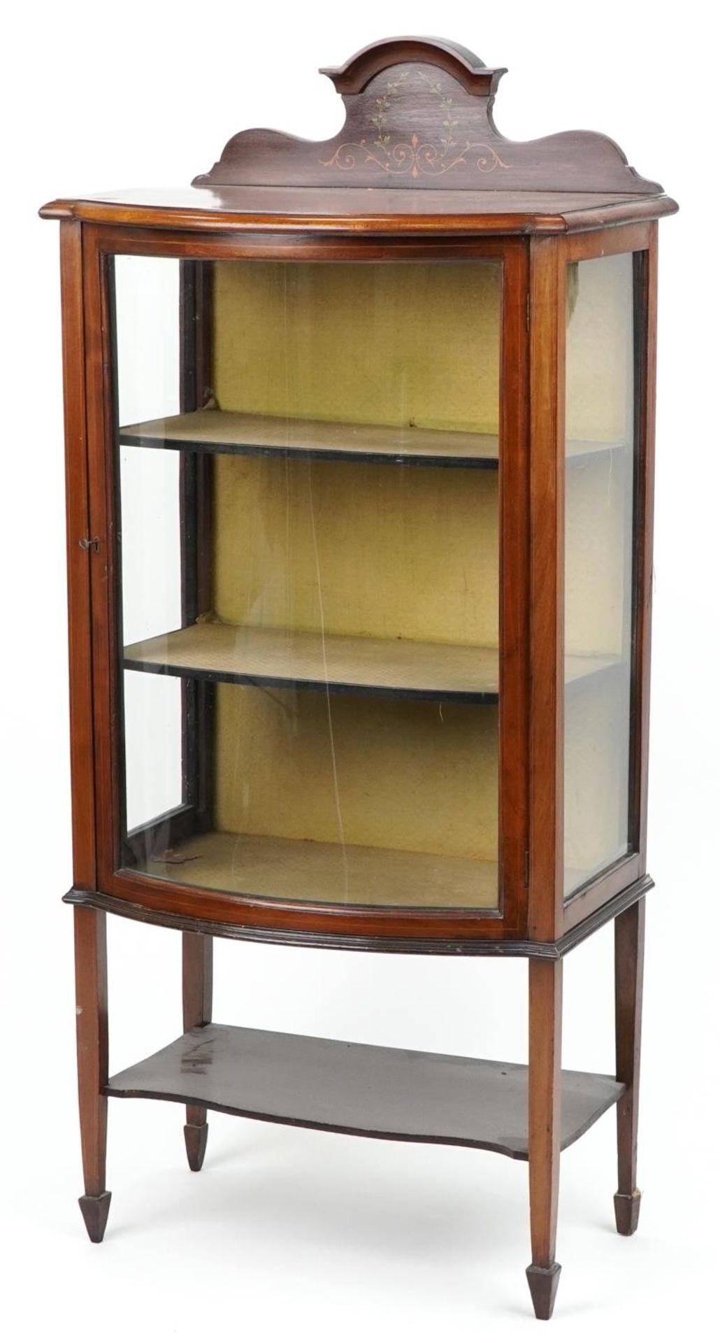 Inlaid mahogany bow front display cabinet on tapering legs hand painted with foliage, 141cm H x 64cm