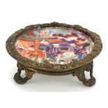 Chinese Mandarin porcelain dish hand painted with figures with three footed gilt metal stand and