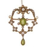 Edwardian 15ct gold peridot and seed pearl floral openwork drop pendant brooch with safety chain,