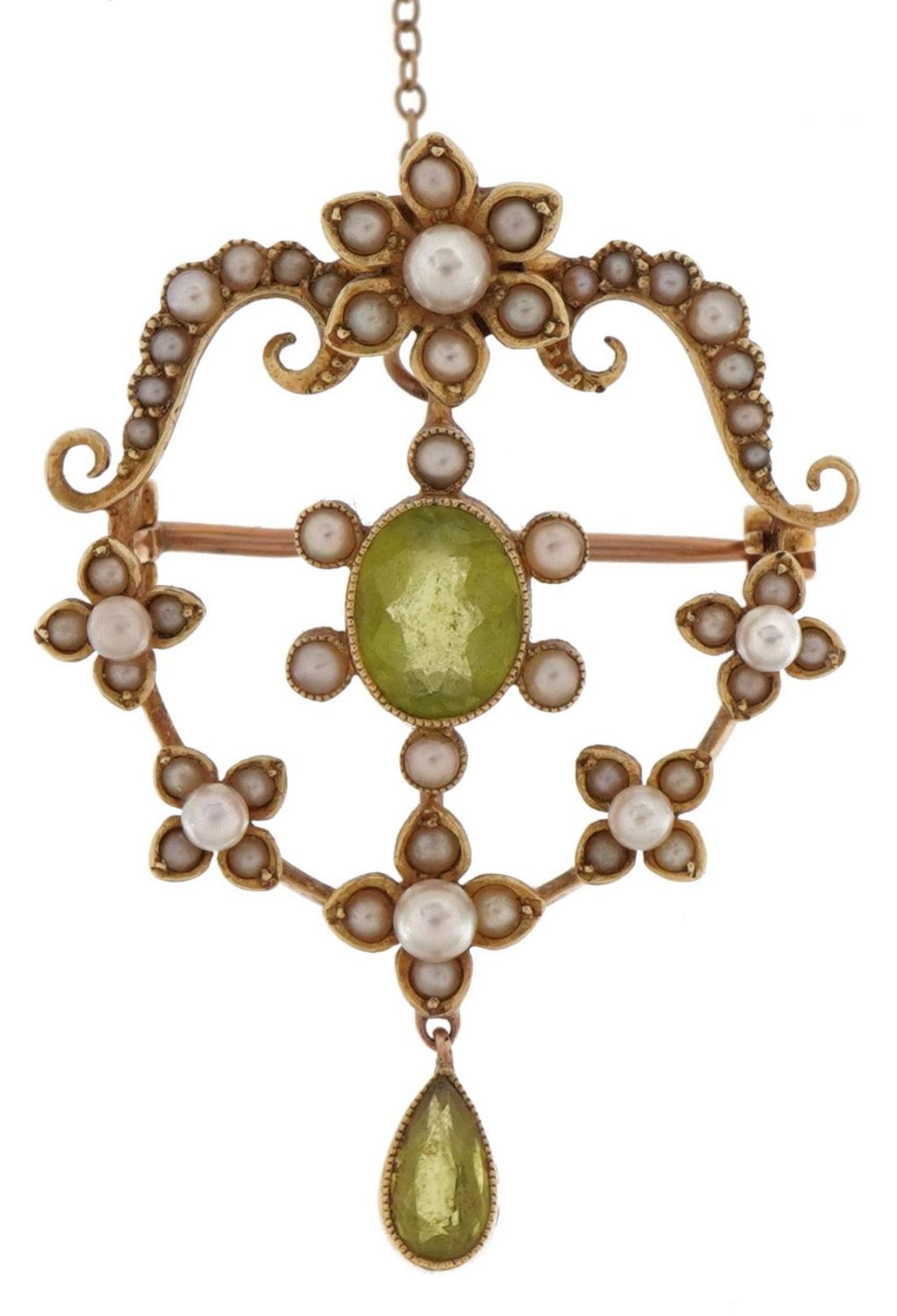 Edwardian 15ct gold peridot and seed pearl floral openwork drop pendant brooch with safety chain,