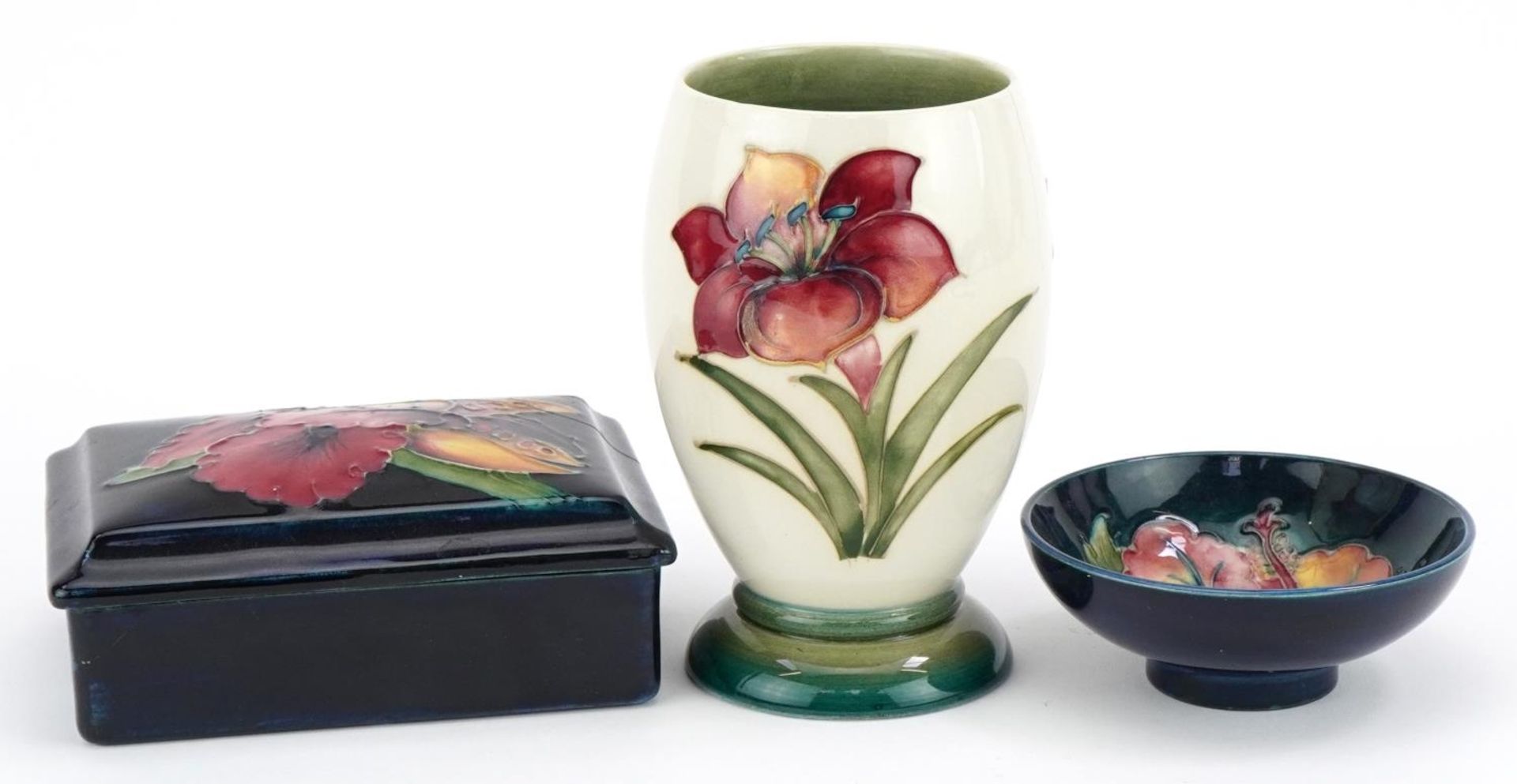 Moorcroft pottery hand painted with flowers including a William Moorcroft box and cover, vase and - Image 2 of 5
