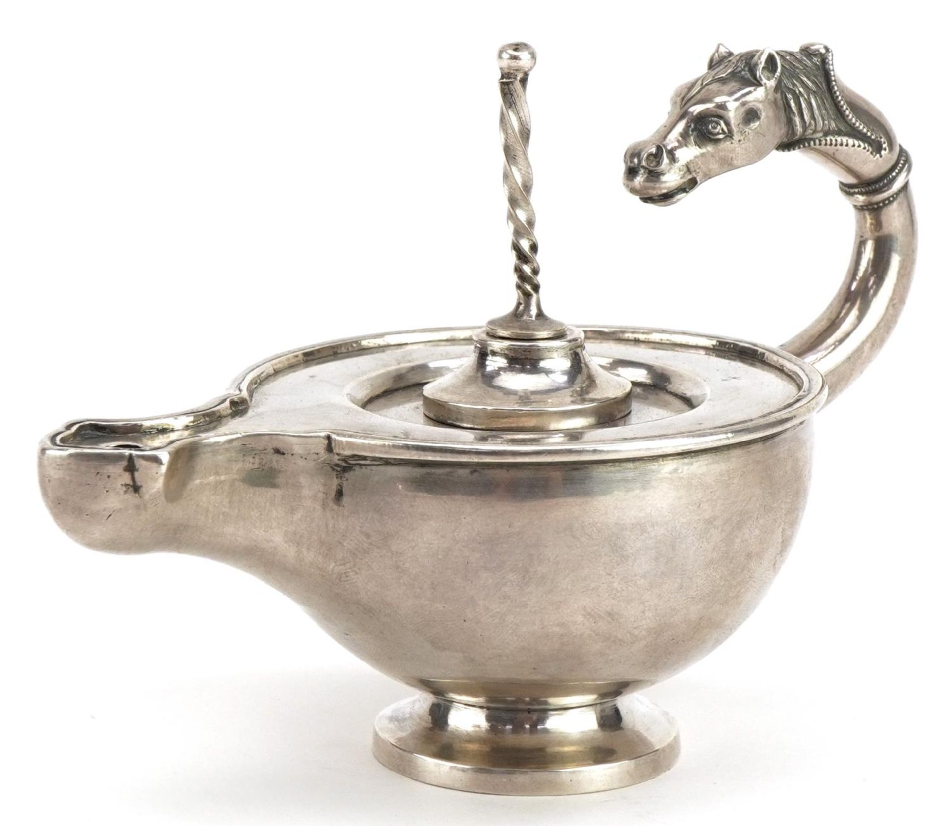 Good Continental unmarked silver oil lamp with cast horse head handle, 13cm wide, 210.0g : For