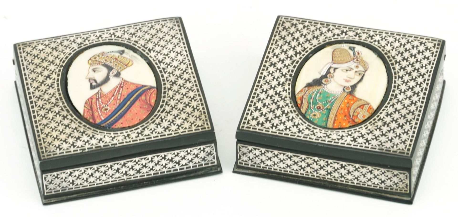 Pair of Indian Bidriware boxes with hinged lids having inset hand painted portrait panels, each - Image 2 of 4