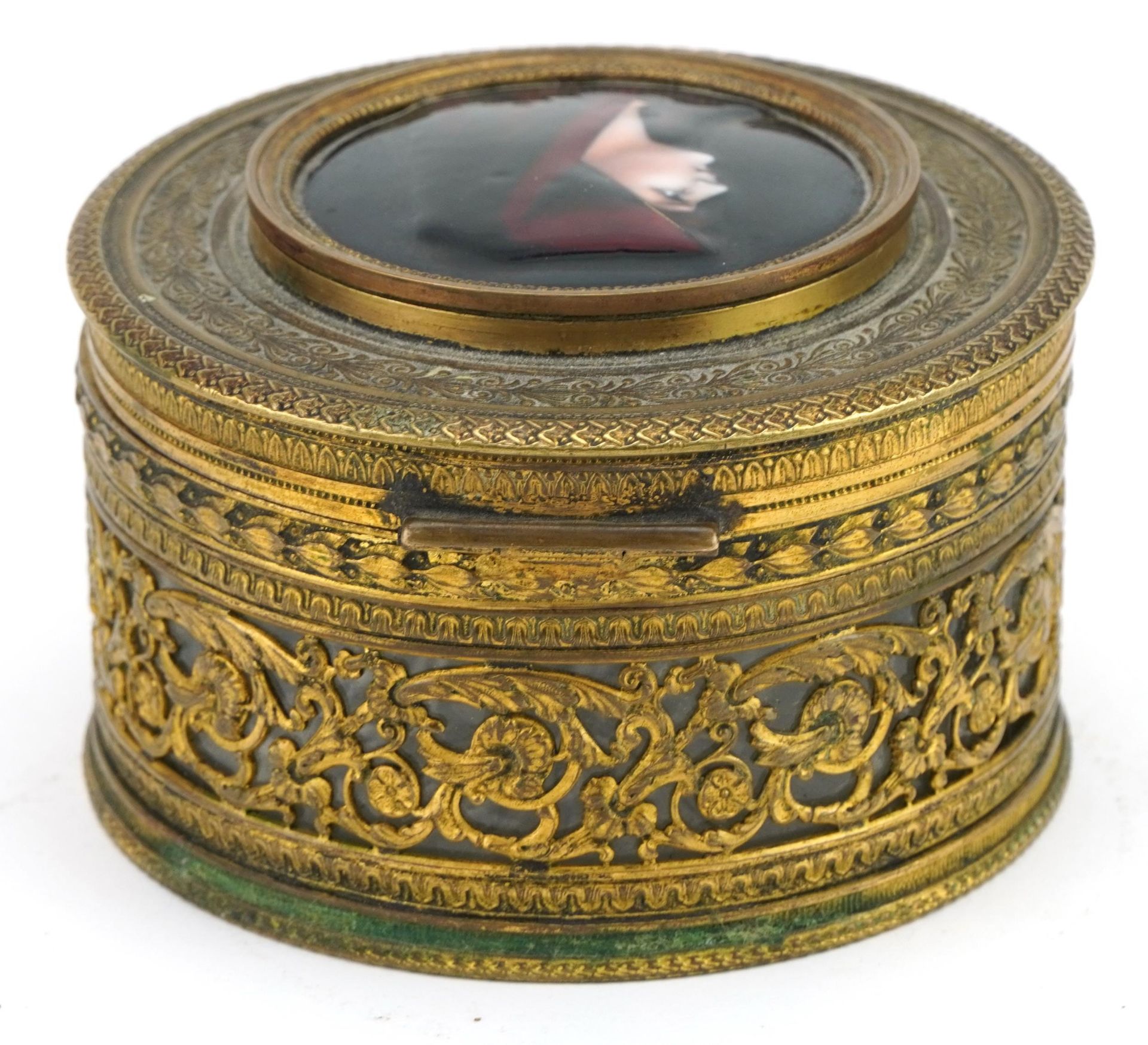 19th century French ornate brass box with hinged lid having Limoges enamelled panel hand painted - Image 3 of 4