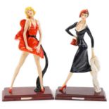 After Amilcare Santini, two Art Deco style hand painted figures, each raised on wooden base
