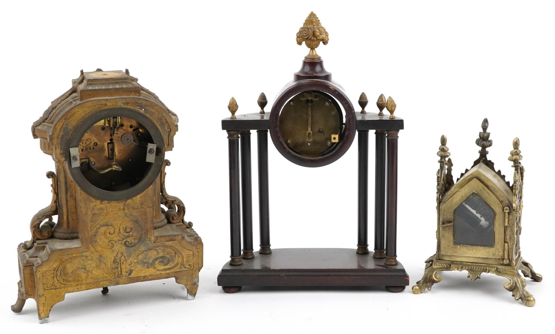Three 19th century and later clocks including a Gothic style brass cased example and a gilt - Image 2 of 4