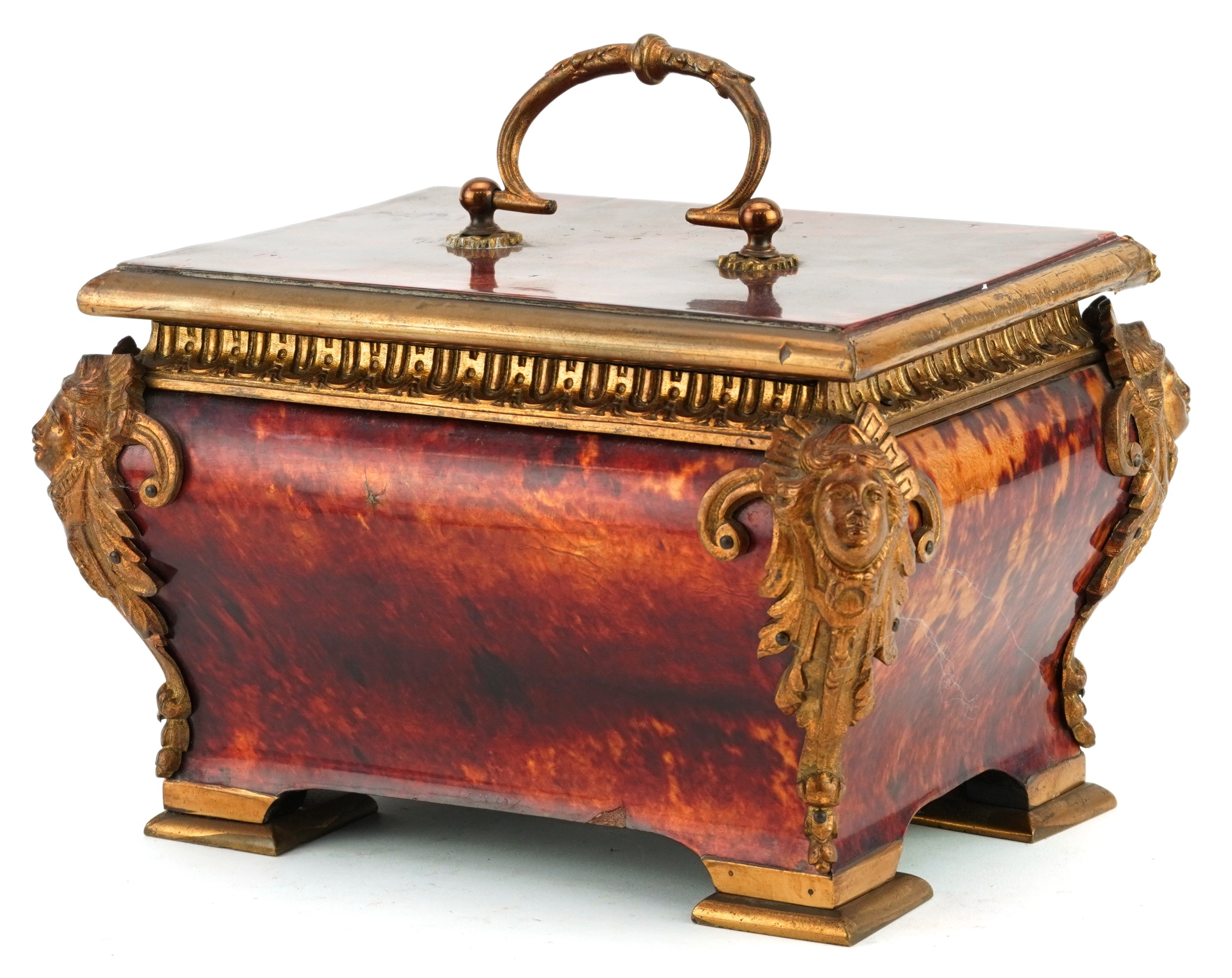 French Napoleon III tortoiseshell coffin casket with ormolu figural and floral mounts, 15cm H x 22cm - Image 3 of 4