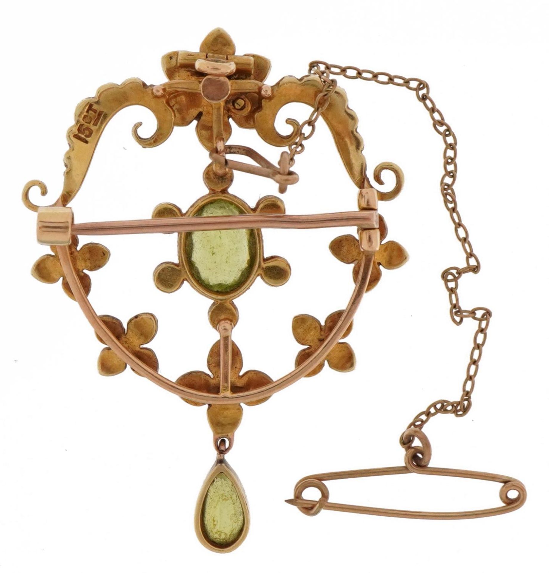 Edwardian 15ct gold peridot and seed pearl floral openwork drop pendant brooch with safety chain, - Image 2 of 3