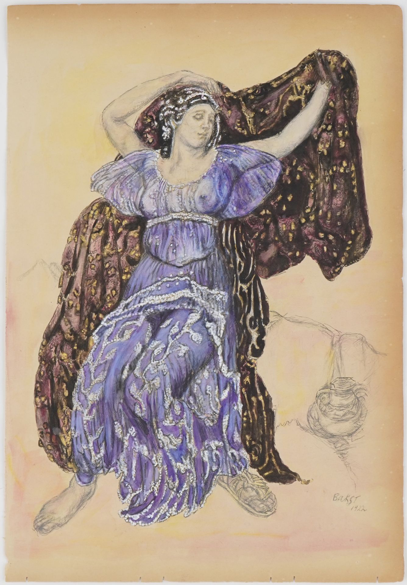 Leon Bakst - Narcisse Ballet, The Nymph Echo, Russian mixed media costume design illustration on - Image 2 of 6