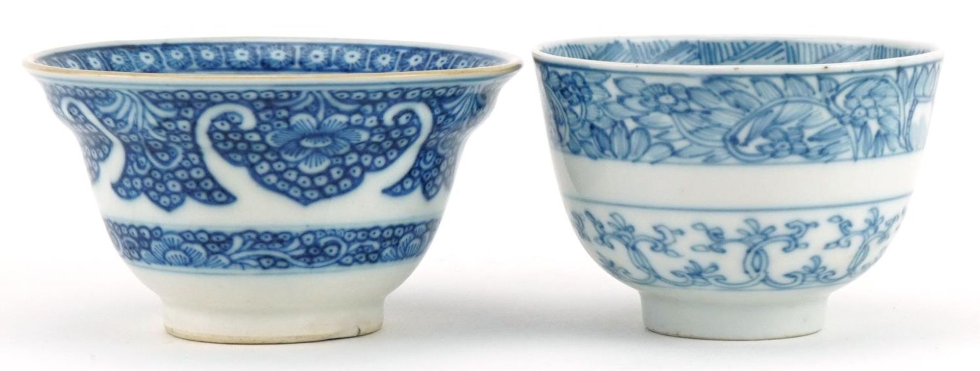 Two Chinese blue and white porcelain bowls, each finely hand painted with flowers, one with Kangxi - Image 3 of 6