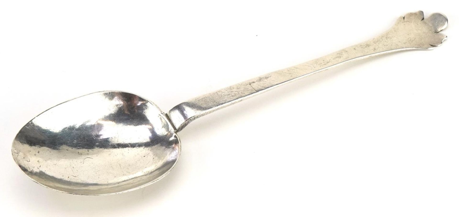 Early 18th century provincial unmarked silver trefid spoon with rat's tail and scratched initials