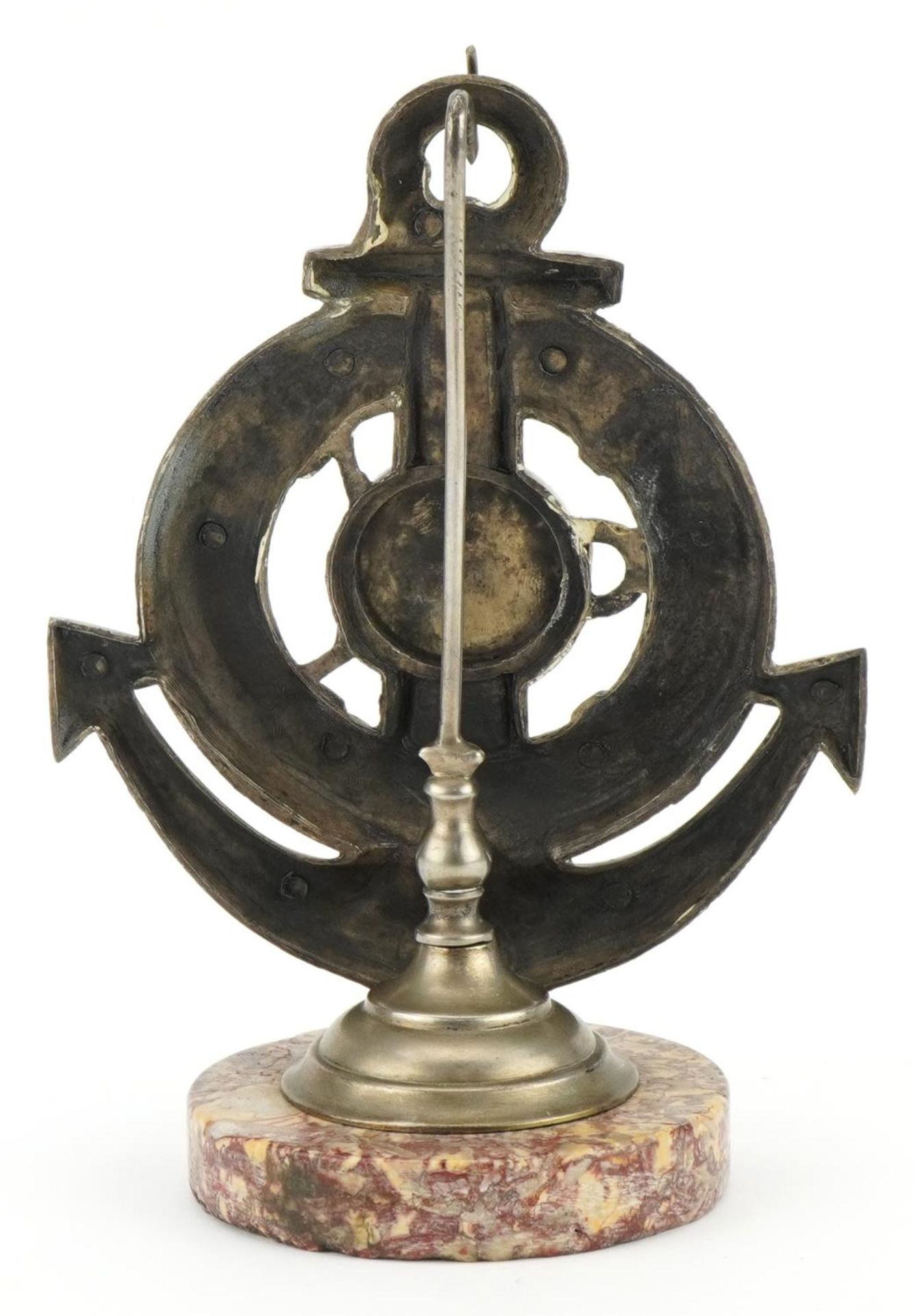 Shipping interest cast metal lifebuoy and anchor pocket watch stand with circular marble base, - Image 2 of 3