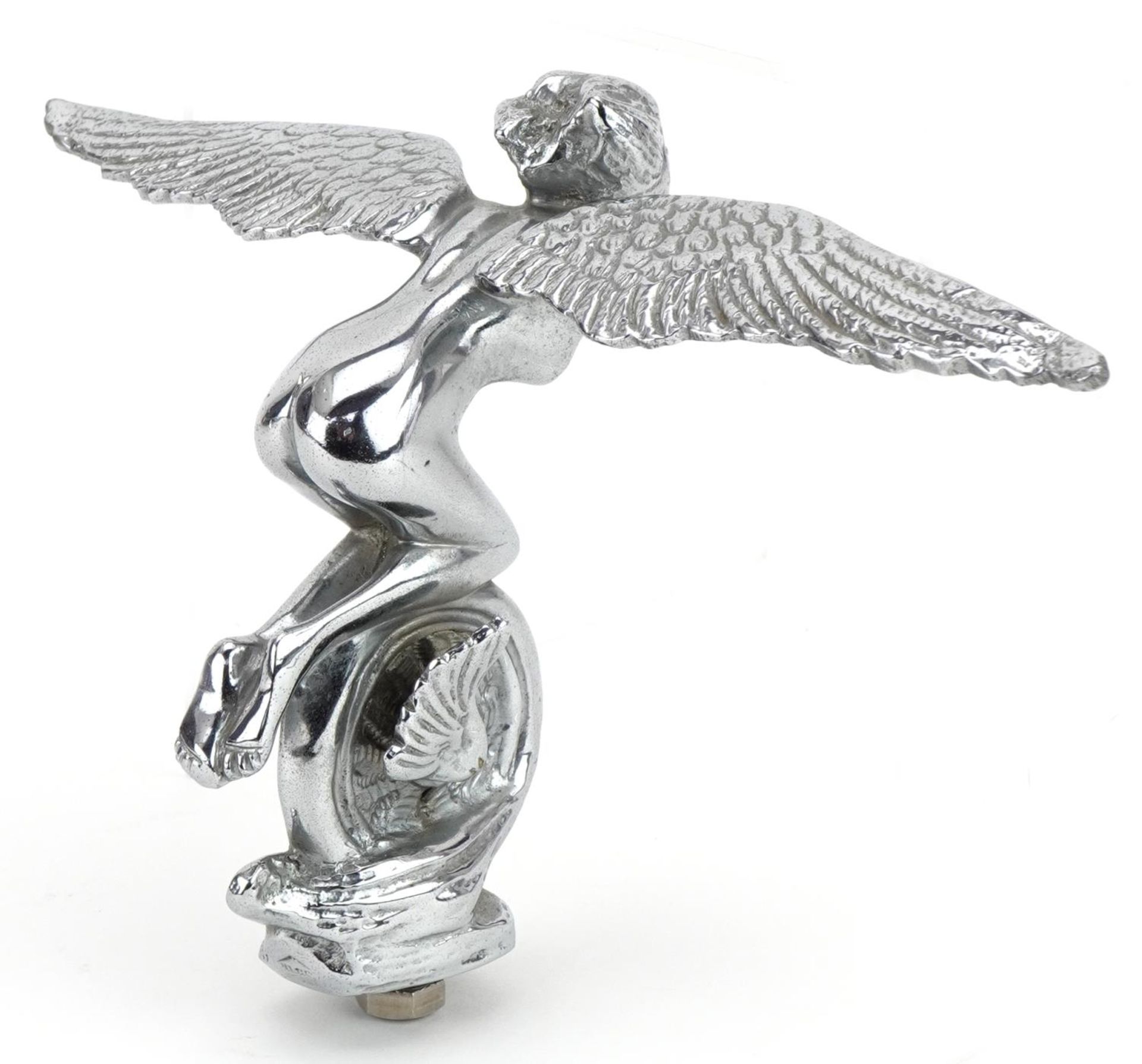 Early 20th century chrome plated car mascot in the form of a winged angel on winged wheel - Image 3 of 4