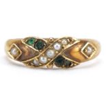 Victorian 15ct gold seed pearl and green stone crossover ring, London 1874, housed in a Harrods,