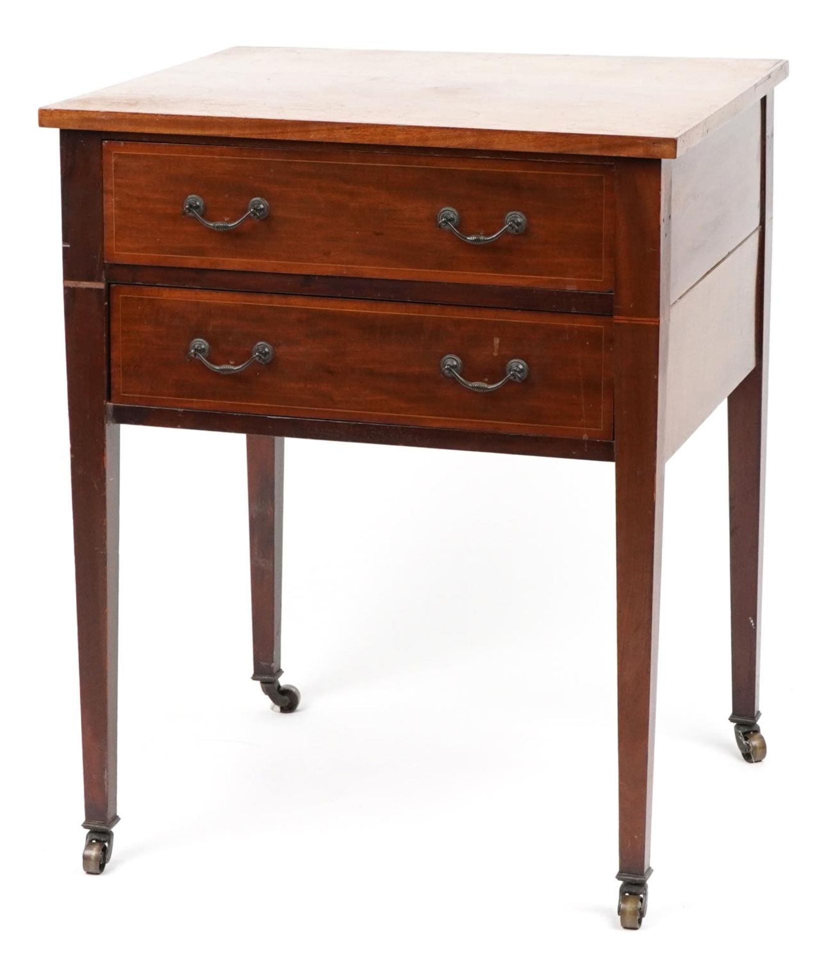 Jas Shoolbred & Co, Edwardian inlaid mahogany two drawer side table on tapering legs, 76cm H x